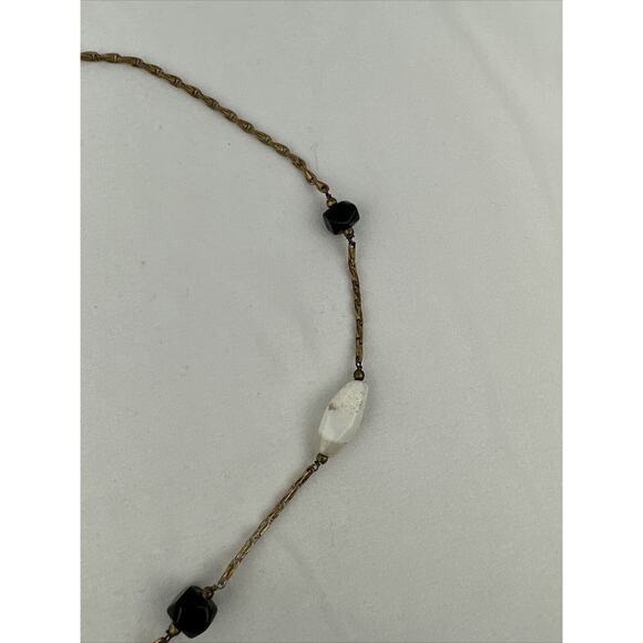 Vintage Semi Precious White Agate Onyx Beaded Brass Chain Lariat Necklace - Picture 6 of 8